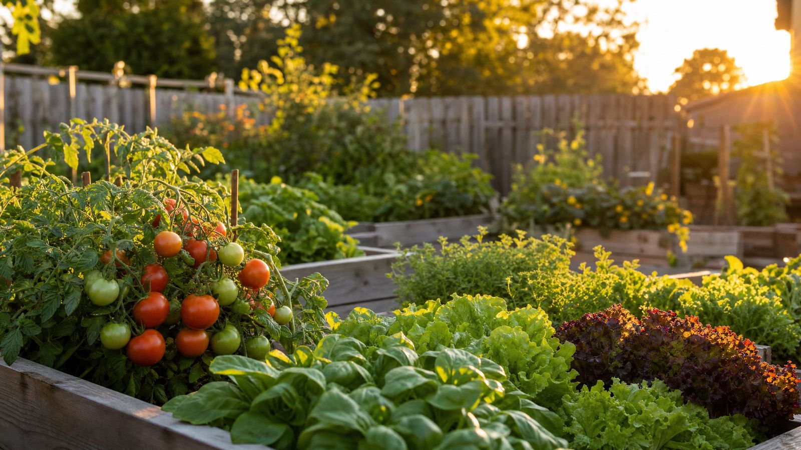 Beautiful vegetable garden at golden hour