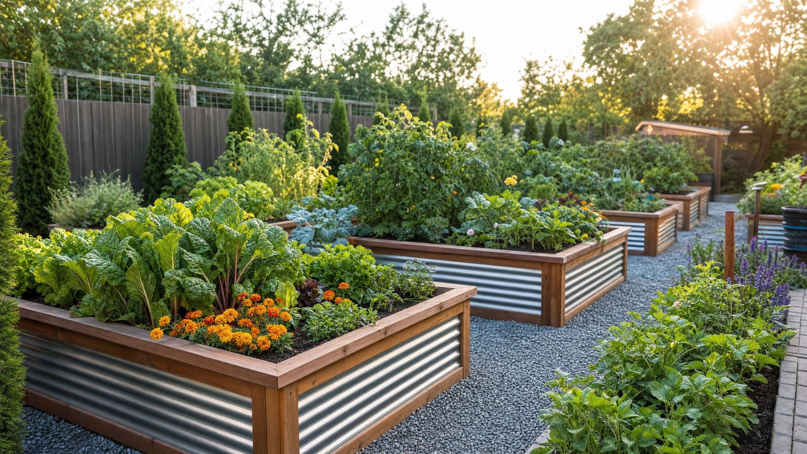 Beautiful raised garden beds with thriving vegetables